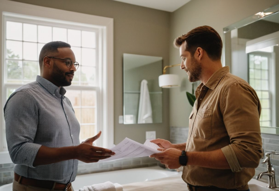 Cincinnati bathroom contractor discussing renovation plans with homeowner